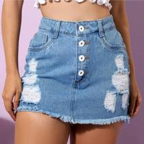 Saia jeans feminina destroyed botões