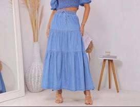Saia Jeans Feminina Longa 3 Marias Elastico Cos Cintura Alta Saia Jeans Feminina Longa 3 Marias Elastico Cos Cintura Alta