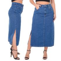 Saia Jeans Longa Feminina Cintura Alta Abertura Lateral