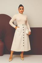 Saia Jeans Longa Lavagem Creme Moda Evangélica Elegante Luxo Cintura Alta Com Botões e Bolsos Sem Lycra 38 ao 48