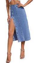 Saia jeans midi azul para mulheres Saia jeans sólida com botões, cintura alta, elástica, saias jeans longas com fenda 3G Saia jeans midi azul para mulheres Saia jeans sólida com botões, cintura alta, elástica, saias jeans longas com fenda 3G