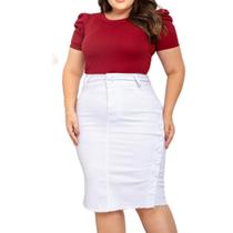 Saia Jeans Midi Branca bolso botão lateral moda evangélica