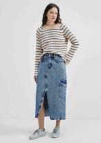 Saia Jeans Midi Cargo Com Fenda Frontal Azul