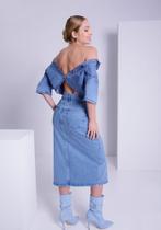 Saia Jeans Midi Cintura Alta com Fenda Chapa Barriga Lunender 20996 Saia Jeans Midi Cintura Alta com Fenda Chapa Barriga Lunender 20996