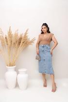 Saia Jeans Midi Com Abertura Cintura Alta Feminina Evangélica Jeans Marmorizada Luxo 38 ao 48