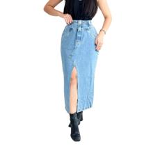 Saia jeans midi com fenda cintura alta - Ninas Boutique