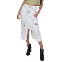 Saia Jeans Midi Destroyed Azul Ultra Clara Lady Rock