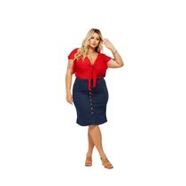 Saia Jeans Midi Estilo Lápis Evangélica Elegante Com Lycra e Botões Plus Size