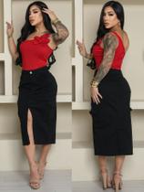 Saia Jeans Midi Feminina Cargo Fenda Frontal e Bolsos Laterais Saia Jeans Midi Feminina Cargo Fenda Frontal e Bolsos Laterais