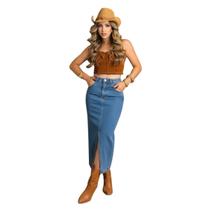 Saia Jeans Midi Feminina com Elastano Cós Médio