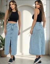 Saia Jeans Midi Feminina Fenda Simples Premium