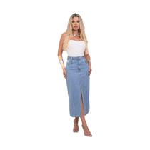 Saia Jeans Midi Feminina Fenda Simples Premium Saia Jeans Midi Feminina Fenda Simples Premium