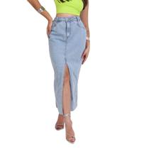 Saia Jeans Midi lavagem clara com fenda Saia Jeans Midi lavagem clara com fenda