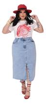 Saia Jeans Midi Plus Size Com Fenda Feminino Premium