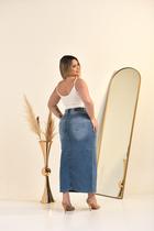 Saia Jeans Midi Plus Size com Lycra Cintura Alta Moda Casual