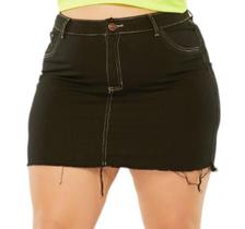 Saia Jeans Preta Barra Desfiada Plus Size c Lycra