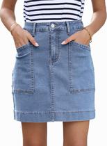 Saia jeans Sidefeel, cintura alta, elástica, casual, azul claro