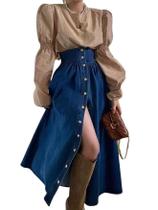 Saia jeans utcoco de cintura alta, jeans comprida em linha A com bolsos