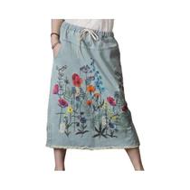 Saia Jeans Vintage Feminina Solta Com Bordado Casual Floral Streetwear Elegante Outono 2024