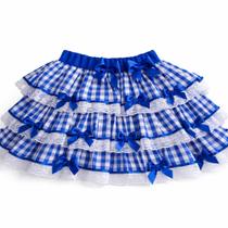 Saia Junina de Luxo Adulto Xadrez Vermelho e Azul com Laços e Renda