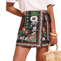 Saia Keeliya Wrap Mini Boho com estampa floral feminina de cintura alta