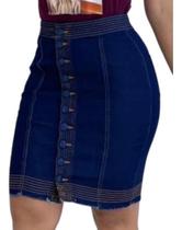 Saia Lápis Jeans Escura Cintura Alta Moda Evangélica - Elisi Saia Lápis Jeans Escura Cintura Alta Moda Evangélica - Elisi