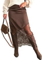 Saia LETSVDO Long Lace Satin Silky Patchwork para mulheres Saia LETSVDO Long Lace Satin Silky Patchwork para mulheres