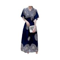 Saia Longa Casual Elegante De Verão Com Estampa E Cintura Elástica Em V Para Mulheres Estilo Retrô