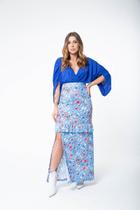 Saia Longa Cintura Alta Azul Claro Moda Feminina Fenda Lateral Casual Primavera Verão Estampado