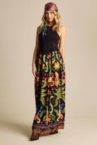 Saia Longa Com Elástico Na Cintura Preto Estampado Yacamim A25 Saia Longa Com Elástico Na Cintura Preto Estampado Yacamim A25