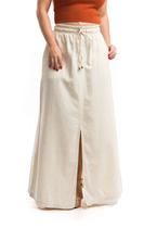 Saia Longa de linho bege com fenda e cós elástico Saia Longa de linho bege com fenda e cós elástico