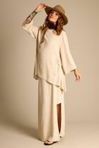 Saia Longa De Linho Com Fendas Bege Yacamim G1 Saia Longa De Linho Com Fendas Bege Yacamim G1