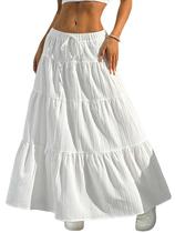 Saia Longa Flowy Boho DERAX Branca com Cós Alto Elástico Saia Longa Flowy Boho DERAX Branca com Cós Alto Elástico