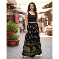 Saia Longa Indiana Em Crepe De Algodão E Elástico Na Cintura