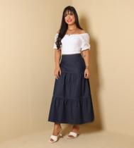 Saia Longa Jeans com Babado Moda Evangélica Saia Longa Jeans com Babado Moda Evangélica