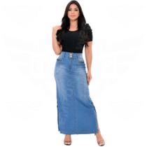 Saia Longa Jeans com elastano e abertura lateral - EWF Jeans - Azul Claro