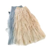 Saia Longa Plissada De Tule De Cintura Alta Feminina, Moda Coreana Primavera Verão, Preto E Rosa