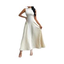 Saia Longa Plissada Elegante Moda Primavera Estilo Europeu-Americano Com Decote Redondo E Mangas