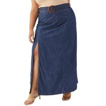 Saia Longa Plus Size Izzat Jeans Azul Escuro com Cinto e Fenda Frontal
