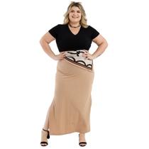 Saia Longa Ribana Canelada Plus Size Com Fenda Lateral Casual Roupas Feminina 10925A
