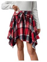 Saia MakeMechic, xadrez, elástica, cintura alta, assimétrica, vermelha