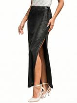 Saia maxi CUPSHE feminina em linha A, cintura alta, fenda longa, preta