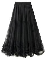 Saia maxi de tule COZYPOIN elástica de cintura alta A Line preta