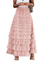 Saia maxi de tule Flygo para mulheres rosa de cintura alta Saia maxi de tule Flygo para mulheres rosa de cintura alta