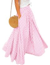 Saia maxi feminina casual, xadrez, cintura alta, rosa guingão