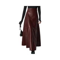 Saia Maxi Feminina De Couro PU Com Cintura Alta, Elegante, Casual, Com Zíper, Moda De Outono