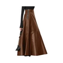 Saia Maxi Feminina De Couro PU De Cintura Alta Elegante Casual Longa Com Zíper Moda Outono