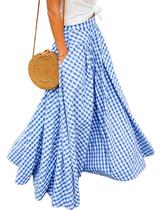 Saia maxi feminina Mansy vintage de cintura alta xadrez azul-M
