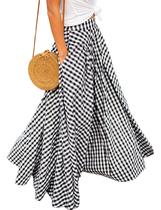 Saia maxi feminina Mansy, xadrez, guingão, cintura alta, preta-XXL