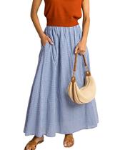 Saia maxi HangNifang, xadrez, elástico, evasê, azul, azul, feminino Saia maxi HangNifang, xadrez, elástico, evasê, azul, azul, feminino